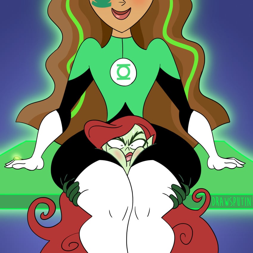 2d 2girls between_thighs blush dark-skinned_female dc dc_comics dc_super_hero_girls drawsputin female female_only femdom grabbing_thighs green-skinned_female green_lantern green_skin jessica_cruz jessica_cruz_(shg) legs_wrapped_around_partner light-skinned_female pamela_isley pamela_isley_(shg) poison_ivy superheroine thick_thighs yuri