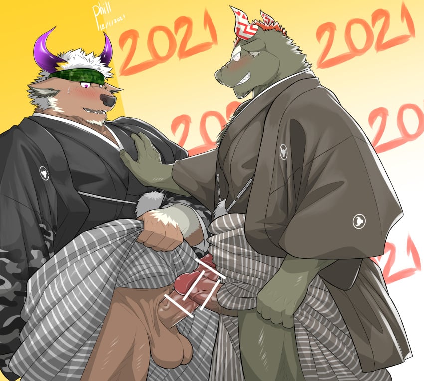 2021 2boys ^_^ absurdres alternate_costume animal_ears anthro anthro_only bar_censor bara black_kimono blush brown_fur camouflage camouflage_headwear censored chinese_zodiac closed_eyes clothes_pull cow_ears cow_horns erection furry gay grabbing gyumao hakama hakama_pants happy_new_year highres horns japanese_clothes kimono male male/male male_focus male_only minotaur multiple_boys multiple_penises muscular muscular_male new_year pants pants_pull pectoral_grab pectorals penis penises_touching philljonskimax pulled_by_self purple_eyes purple_horns reward_available shennong short_hair smile sweatdrop testicles thighs tokyo_afterschool_summoners tokyo_houkago_summoners white_hair white_horns yaoi year_of_the_ox