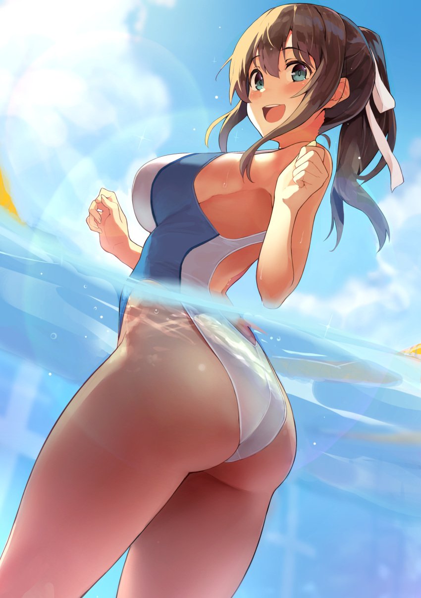 1girls alternate_version_available amamiya_natsumi arm_behind_back ass back backless_outfit backless_swimsuit beach big_ass big_butt big_thighs blue_eyes blue_sky blush breasts brown_hair clothed clothes clothing clouds cowboy_shot eyebrows eyebrows_visible_through_hair female female_focus female_only hair hair_between_eyes hair_ribbon hands_up hi_res high_resolution highres kekemotsu long_hair looking_at_viewer looking_back one-piece_swimsuit one_arm_behind_back open_mouth outdoor outdoors partially_submerged ribbon shiny_skin sideboob sky smile smiling solo solo_female solo_focus sweat sweatdrop swimsuit thighs tied_hair tongue