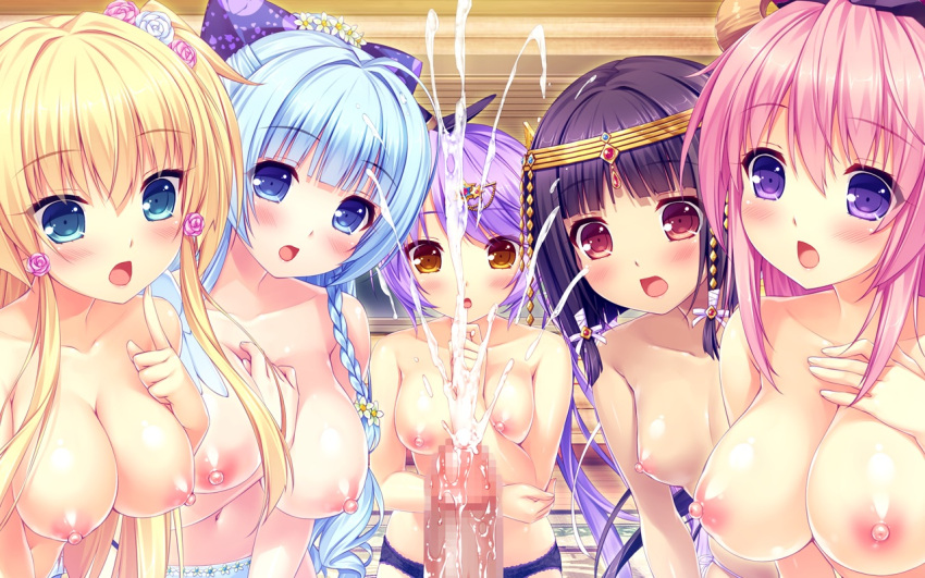 1boy 5girls :o aoi_miyabi arisegawa_arle ayasaki_yuu blonde_hair blue_hair blush boku_to_koi_suru_ponkotsu_akuma. breasts brown_hair bukkake cum e-hentai_sample fujima_emiri game_cg image_sample kiritani_riria large_breasts multiple_girls penis pink_hair purple_hair sayori small_breasts straight succubus