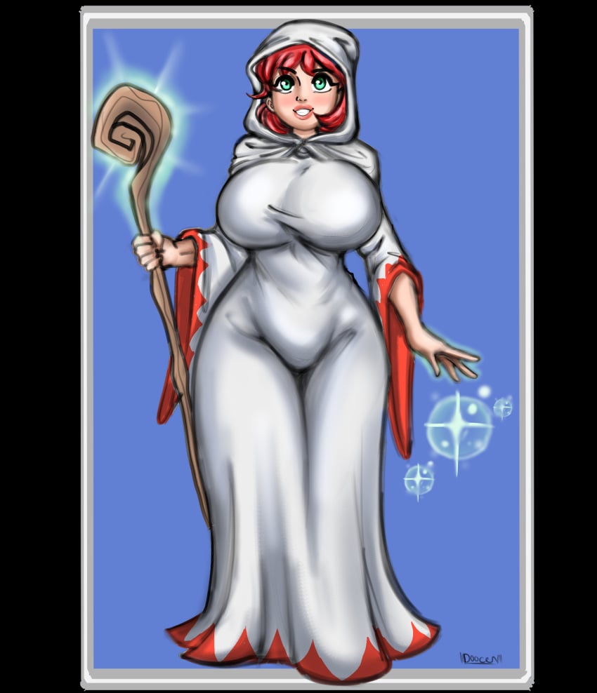 big_breasts blush breasts curvaceous curvy curvy_figure doocen eyelashes female female_focus female_only final_fantasy final_fantasy_i green_eyes hood huge_breasts magic pink_hair robe smile staff tight_clothing voluptuous white_mage wide_hips