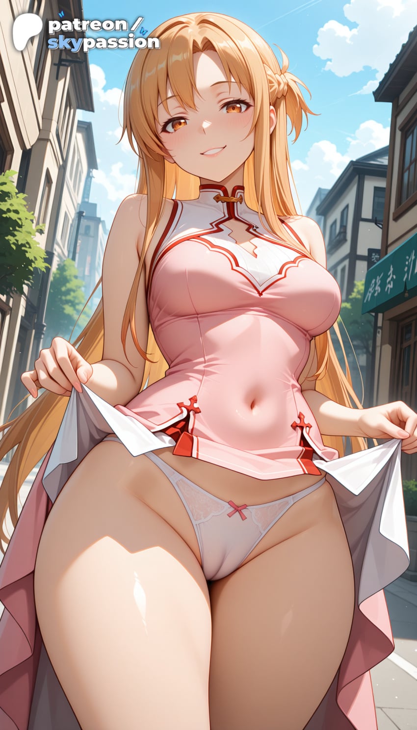 1girls 2026 ai_assisted ai_generated anime asuna_(sao) blue_sky boobs breasts building bust city cityscape clothes_lift cloud dress dress_lift exhibitionism flashing hi_res high_quality high_resolution highres lifted_by_self long_hair outdoors panties patreon patreon_username skirt_hold skirt_lift sky skypassion smile solo stable_diffusion sword_art_online sword_art_online:_alicization tits underwear watermark white_panties yuuki_asuna