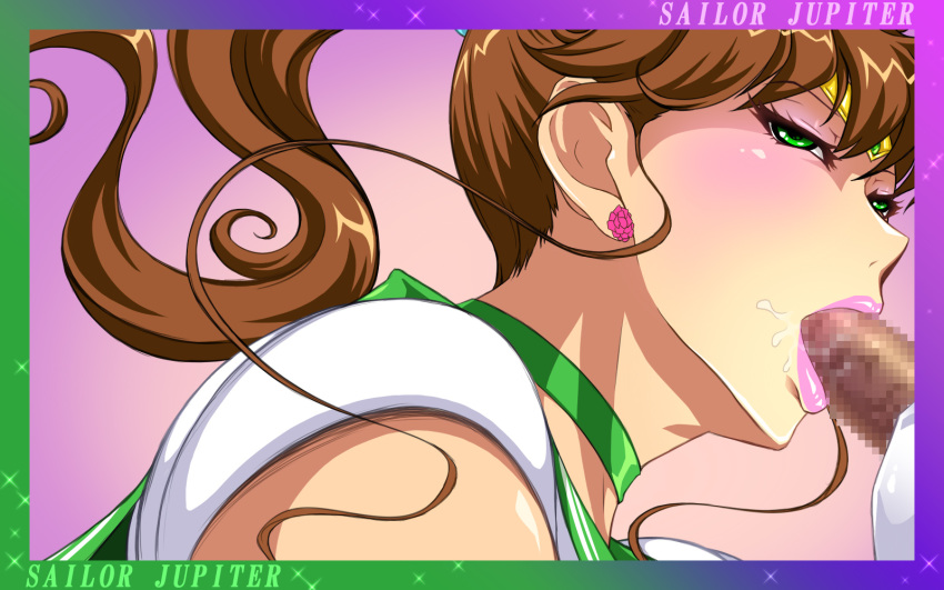 1boy 1girls :>= bishoujo_senshi_sailor_moon blush brown_hair censored clothing drooling eyeshadow fellatio femdom free_style green_eyes hair highres lips lipstick looking_at_viewer makeup makoto_kino naughty_face oral pink_lips pink_lipstick sailor_jupiter saliva thick watching wet