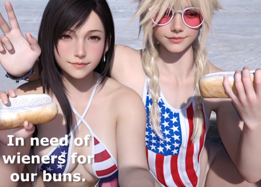 1boy 1girls 3d 3d_(artwork) american_flag_bikini beach black blonde_hair cloud_strife crossdressing english_text femboy final_fantasy final_fantasy_vii final_fantasy_vii_remake hdregrets hotdog light-skinned_female light-skinned_male light_skin red_eyes selfie sunglasses swimsuit text tifa_lockhart twink v v_sign