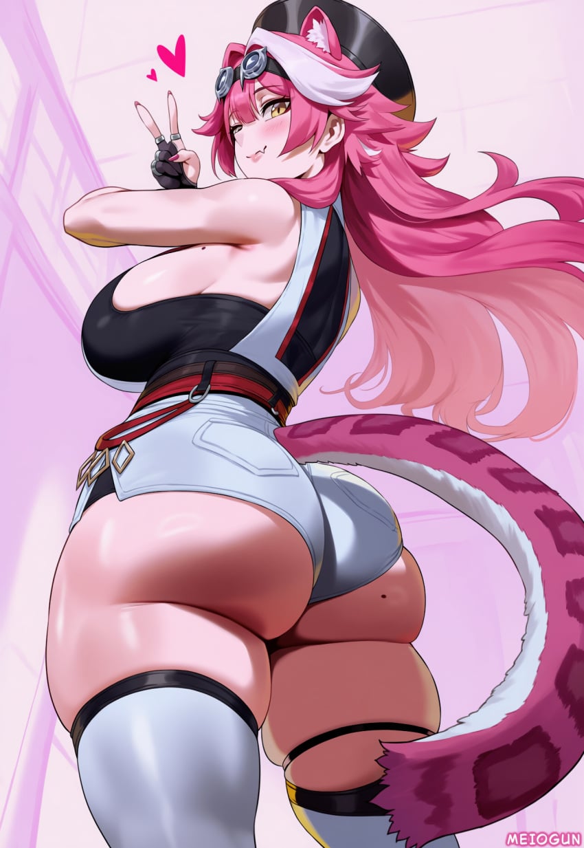 1girls ai_generated animal_ears ass back bare_shoulders beret black_gloves black_hat blush breasts closed_mouth commentary fang fingernails from_behind gloves hair_intakes half_gloves hat highres hololive hololive_english hololive_english_-justice- huge_ass huge_breasts jewelry long_hair looking_at_viewer meiogun mole mole_on_ass mole_on_breast multicolored_hair multiple_rings nail_polish panther_ears panther_girl panther_tail pink_background pink_hair pink_lips pink_nails pink_tail raora_panthera raora_panthera_(1st_costume) ring shirt shorts shoulder_blades skin_fang smile solo streaked_hair streamer streaming tail thigh_strap thighhighs thighs twitter two-tone_hair v virtual_youtuber white_shirt white_shorts white_thighhighs yellow_eyes youtube