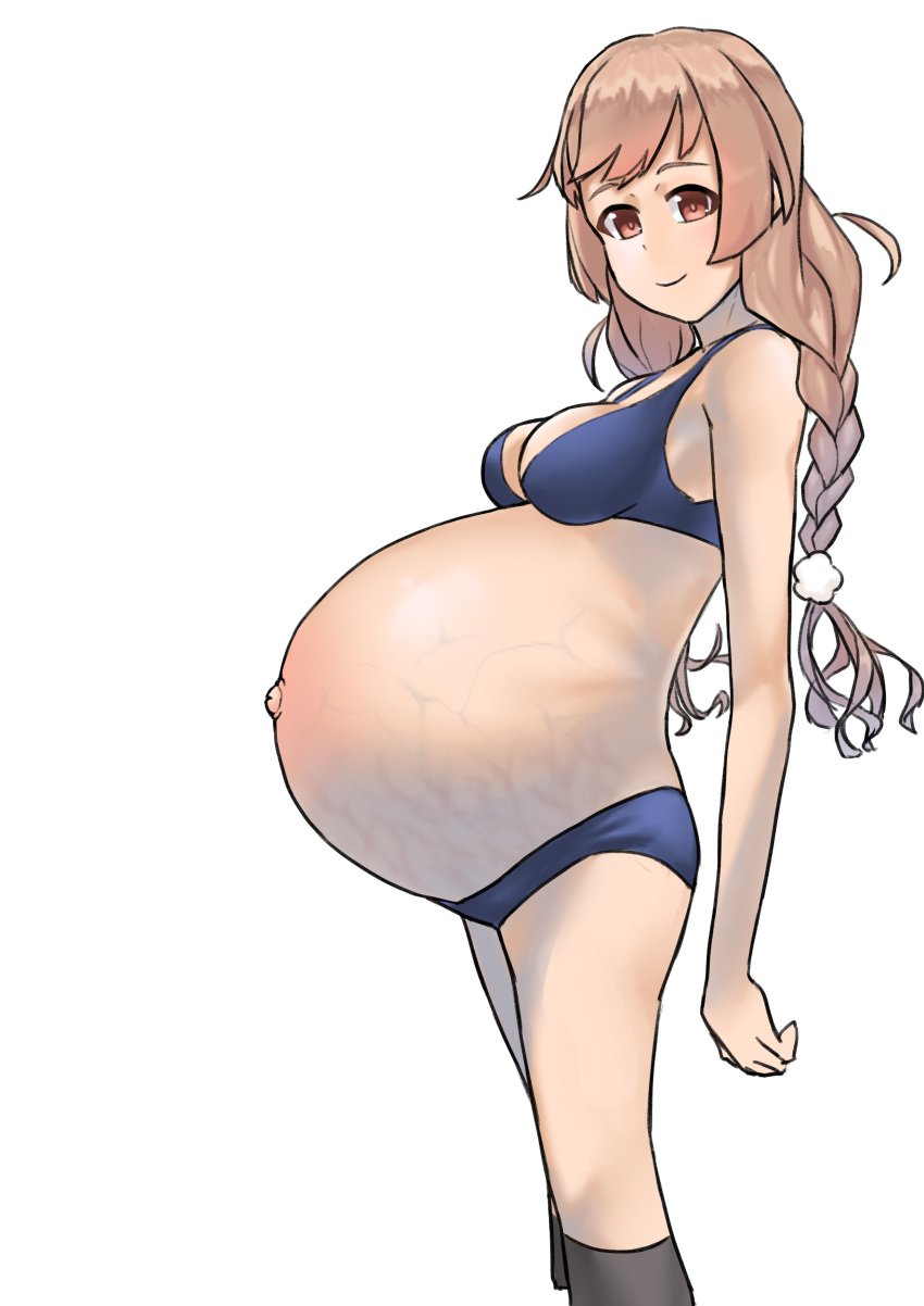 1girls blue_bra blue_panties bra braided_hair braided_twintails brown_eyes clothing exposed_belly female female_only garylin huge_belly kantai_collection light_brown_hair long_hair looking_at_viewer matching_underwear medium_breasts minegumo_(kantai_collection) outie_navel panties popped_navel pregnant profile ready_to_pop sidebelly smile socks solo stretch_marks veiny_belly