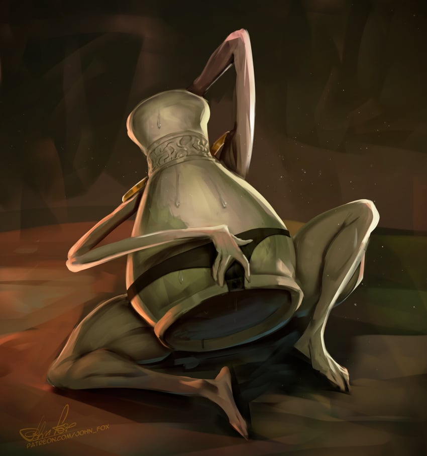 arms_above_head elden_ring fromsoftware johnfoxart legs living_jar_(elden_ring) lying_on_back painting_artwork pot potboi sweat sweatdrop sweaty underwear