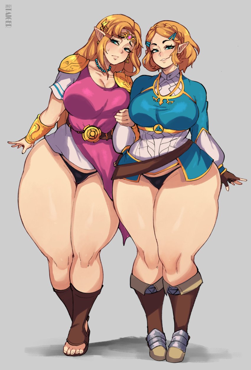 2girls a_link_between_worlds absurd_res bangs bare_thighs bimbo black_panties black_thong black_underwear blonde_hair blue_eyes breasts breath_of_the_wild brown_gloves circlet counterpart curvaceous female female_only fingerless_gloves front_view gigantic_thighs gloves hair_ornament hi_res huge_ass huge_butt huge_thighs hyper hyper_thighs jewelry large_breasts light-skinned long_hair looking_at_viewer multiple_girls necklace nintendo no_pants panties pointed_ears princess_zelda seductive seductive_smile short_hair simple_background smile standing taigerarts tears_of_the_kingdom the_legend_of_zelda thick_thighs thighs thong thunder_thighs underwear voluptuous wide_hips zelda_(a_link_between_worlds) zelda_(tears_of_the_kingdom)