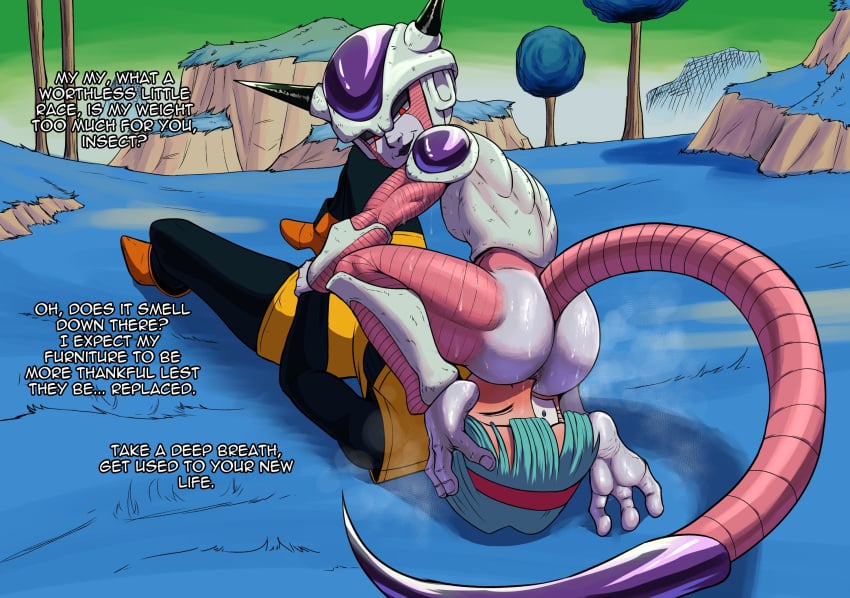 1boy 1girls alien_humanoid anus ass ass_on_face blue_hair boots bulma_briefs bulma_briefs_(frieza_saga) clothed_female detailed_background dragon_ball dragon_ball_z frieza frieza_(first_form) horns kokobiel male red_eyes sitting_on_face smaller_male smelly_ass sweaty_body tagme tail