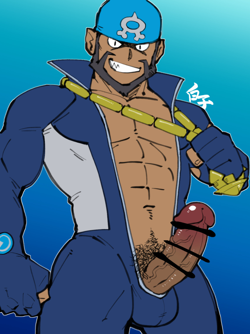 1boy 41raco abs archie_(pokemon) ball_bulge bar_censor bara beard black_eyes blue_bandana blue_bodysuit bodysuit boner brown_hair censored cowboy_shot dark-skinned_male dark_skin erection facial_hair flat_color highres kirupi male_cleavage male_focus male_only male_pubic_hair mature_male muscular muscular_male navel navel_hair nipples open_bodysuit pectorals penis pokemon pokemon_(game) pokemon_oras pubic_hair short_hair solo stomach team_aqua thighs veins veiny_penis wetsuit