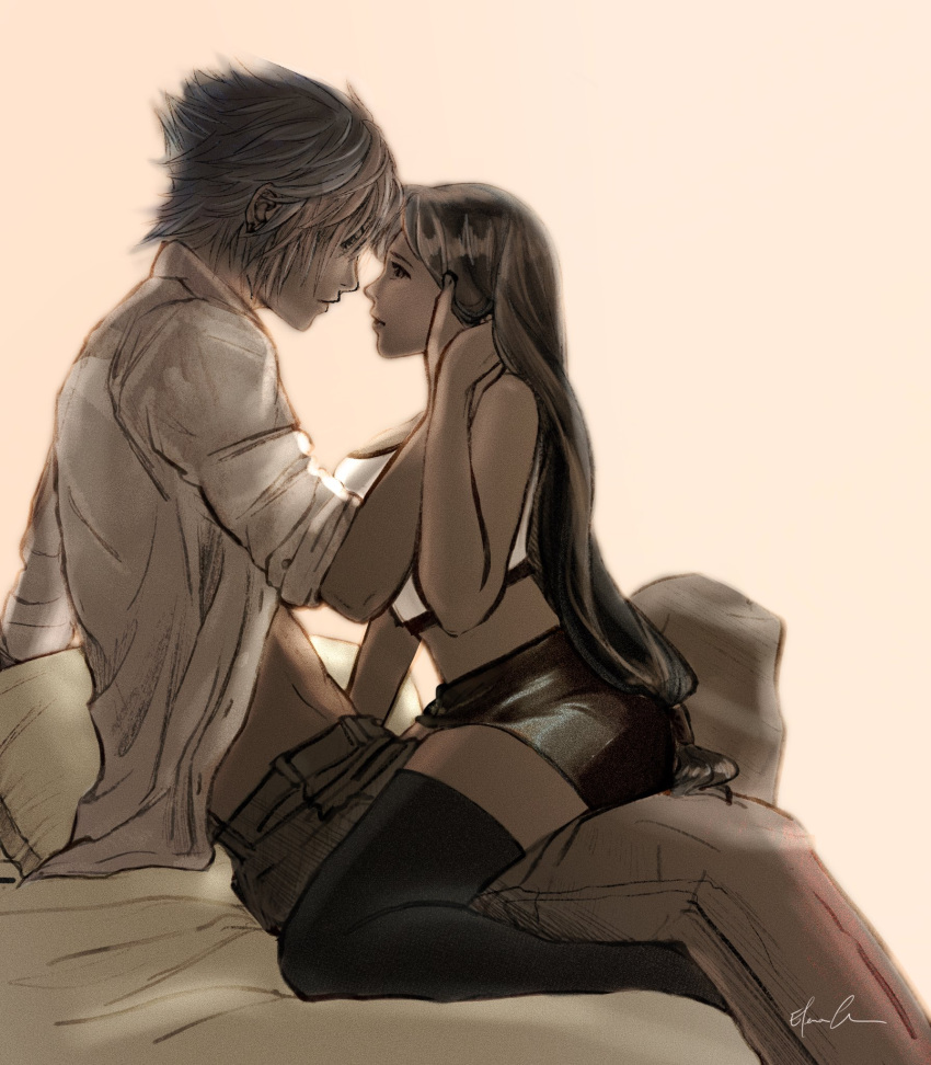 1boy 1boy1girl 1girls artist_request black_hair crossover dissidia_final_fantasy eye_contact female final_fantasy final_fantasy_vii final_fantasy_xv hand_on_face long_hair male male/female miniskirt noctis_lucis_caelum on_bed on_lap passionate seductive sensual short_skirt sitting_on_lap spiky_hair sports_bra stockings straight tifa_lockhart