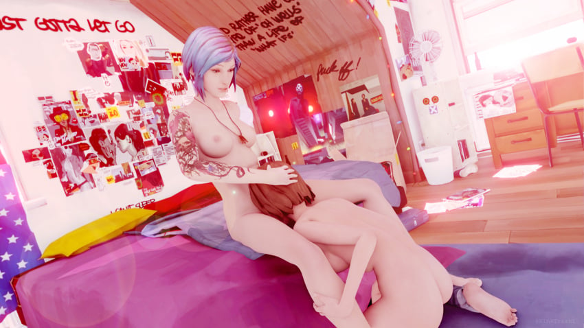 2girls 3d 3d_(artwork) blue_hair breasts chloe_price cunnilingus eating_pussy female female_protagonist kinktrash life_is_strange max_caulfield naked nipples nude nude_female tattoo yuri