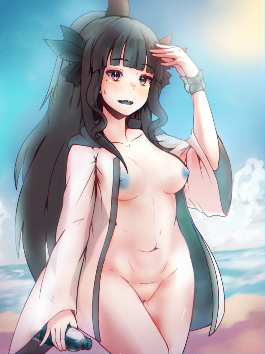 absurdres artemis_of_the_blue atelier_live bangs beach black_eyes black_hair blue_nipples bottle breasts breasts_apart cleft_of_venus cloud coat colored_nipples day exhibitionism female highres holding holding_bottle huge_filesize indie_virtual_youtuber medium_breasts naked_coat navel neroshi nude ocean open_clothes open_coat open_mouth pussy shark_girl sharp_teeth sky solo stomach sun teeth thighs virtual_youtuber water_bottle