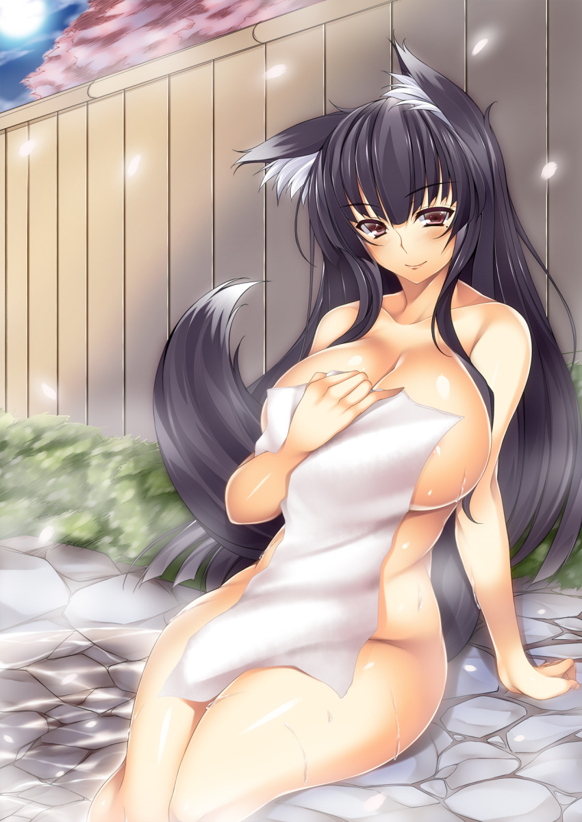 1girls animal_ears black_hair blush breasts brown_eyes cherry_blossoms cleavage female fox_ears fox_tail highres huge_breasts long_hair looking_at_viewer naked_towel onsen original sitting smile solo steam tail thick_thighs towel watanuki_kaname