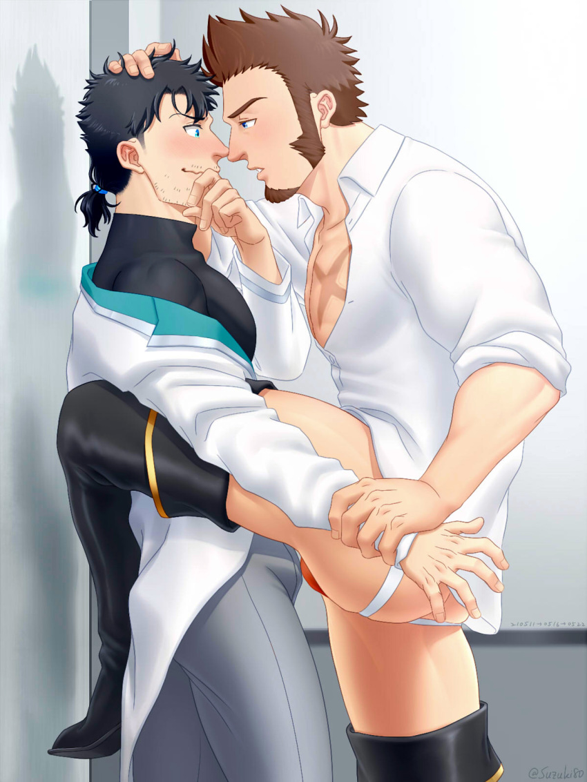 2boys alternate_hair_length alternate_hairstyle arm_grab bara black_hair blue_eyes boots brown_hair bulge eye_contact facial_hair fate/grand_order fate_(series) fujimaru_ritsuka_(male) gay goatee hand_on_another's_head highres imminent_kiss imminent_sex jockstrap knee_boots labcoat long_sideburns looking_at_another male male_cleavage male_focus male_only mature_male multiple_boys muscular muscular_male napoleon_bonaparte_(fate) no_pants off_shoulder pants partially_unbuttoned pectorals red_underwear short_hair sideburns sleeves_rolled_up suzuki80 thick_thighs thighs underwear wall_slam white_pants yaoi