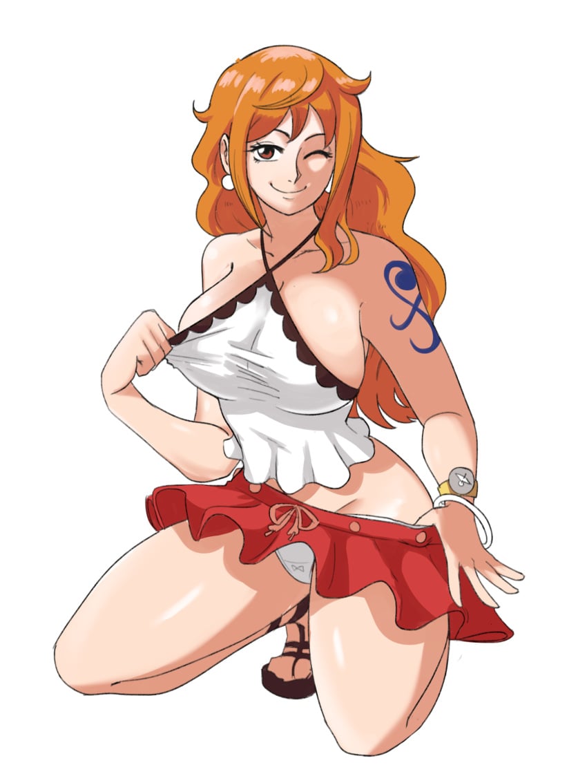 1girls big_breasts bracelet crouching earrings female female_only fully_clothed looking_at_viewer miniskirt nami one_piece orange_eyes orange_hair post-timeskip red_skirt sandals slim_waist smiling solo solo_female taking_clothes_off tattoo thick_thighs tinafate1 undressing upskirt white_earrings white_panties white_topwear wink winking_at_viewer