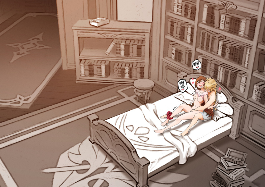 1boy 1boy1girl 1girls aether_(genshin_impact) amber_(genshin_impact) bed bed_sheet bedroom blonde_hair book book_stack bookshelf breasts brown_hair female genshin_impact happy_sex hetero highres human human_only indoors male male/female nude on_bed pillow royboy stool straight