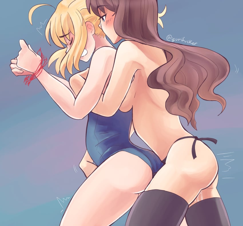 2girls artoria_pendragon ass breasts fate/stay_night fate_(series) fingering henemimi multiple_girls naked nude nude_female panties saber strap-on strapon tohsaka_rin yuri yurifucker