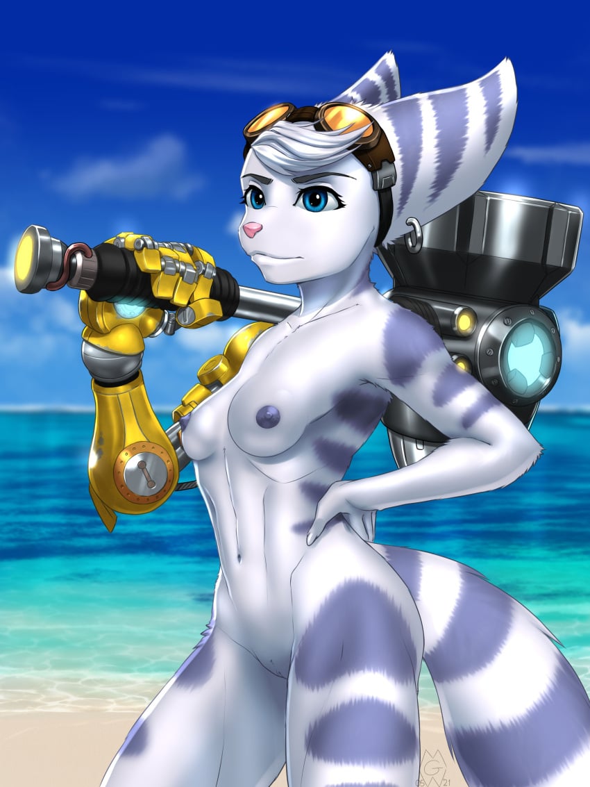 2021 absurd_res anthro blue_eyes breasts cybernetic_arm cybernetic_limb digital_media_(artwork) ear_piercing ear_ring eyebrows eyewear eyewear_on_head female fingers genitals goggles goggles_on_head hand_on_hip head_tuft hi_res holding_object holding_weapon lombax mammal melee_weapon mykegreywolf navel nipples outside piercing pink_nose prosthetic prosthetic_arm prosthetic_limb pussy ratchet_and_clank ratchet_and_clank:_rift_apart rivet_(ratchet_and_clank) seaside solo sony_corporation sony_interactive_entertainment tuft video_games water weapon