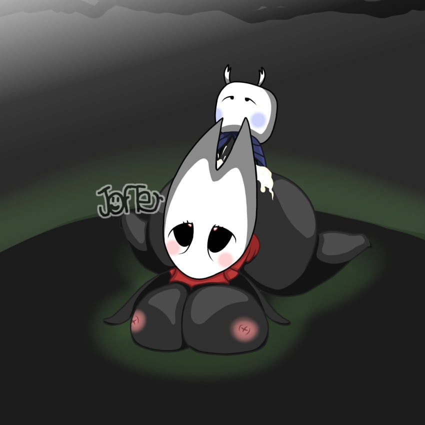 ass big_ass big_breasts breasts cape cloak cum cum_inside hollow_knight hornet_(hollow_knight) incest jafter orgasm protagonist_(hollow_knight) red_cape size_difference