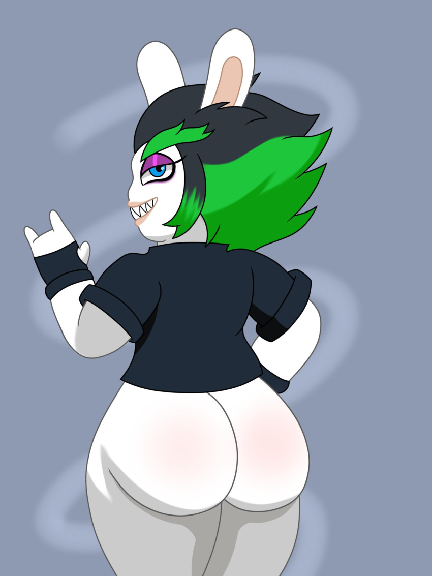 1girls anthro ass big_ass big_butt big_thighs black_gloves black_hair black_jacket bloodred739 butt clothing dat_ass edge_(mario_+_rabbids) eyeshadow female female_only fingerless_gloves gloves green_highlights half-closed_eyes jacket lips looking_at_viewer looking_back looking_back_at_viewer mario_(series) mario_+_rabbids mario_+_rabbids:_sparks_of_hope nintendo no_nose no_panties pink_eyeshadow rabbid raving_rabbids sharp_teeth short_sleeves solo spiky_hair thick thick_ass thick_butt thick_eyebrows thick_hips thick_thighs thighs ubisoft wide_hips