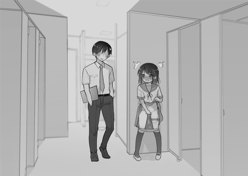 1boy ^^^ bag bathroom between_legs blush clipboard clothes_lift commentary_request duplicate female greyscale hair_ornament hairclip hand_between_legs highres indoors kneehighs masturbation monochrome navel necktie open_mouth original panties pants pleated_skirt pussy_juice ribbon sailor_collar school_uniform serafuku sex_toy shirt shirt_tucked_in shoes short_sleeves skirt skirt_lift stall standing sweatdrop thigh_strap toru_nagase underwear vibrator vibrator_under_clothes