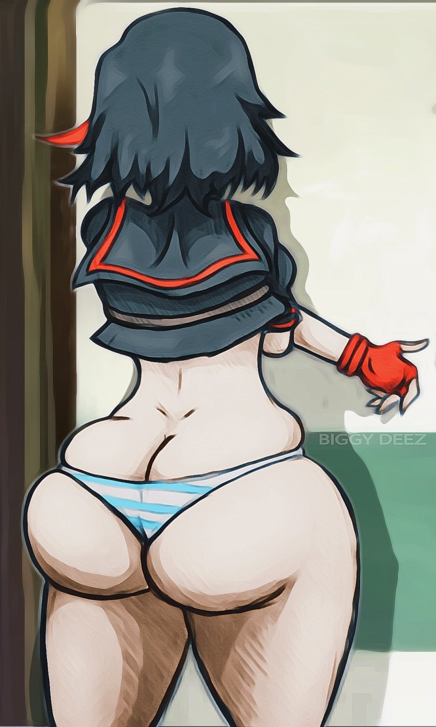 1girls ass ass_cleavage back_to_viewer back_view big_ass big_butt biggy_deez black_hair blue_striped_panties bottomwear butt_crack canon_panties casual clothing fat_ass fat_butt female getting_dressed glove handwear huge_ass huge_butt human kill_la_kill large_ass looking_away matoi_ryuuko meme narrow_shoulders no_pants overflowing_ass pale-skinned_female pale_skin panties ryukoredraw senketsu shimapan skindentation stretching striped_panties studio_trigger tight_clothing topwear traditional_media_(artwork) undersized_clothes wide_hips