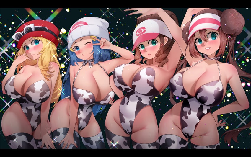 4girls alternate_breast_size big_breasts blue_eyes blush breasts breasts_bigger_than_head cap cow_bikini cow_print cow_print_bikini cow_print_stockings dawn_(pokemon) eye_contact female female_only hat hilda_(pokemon) huge_breasts human large_breasts leotard looking_at_viewer multiple_girls nintendo one_eye_closed pokemon pokemon_bw pokemon_bw2 pokemon_dppt pokemon_trainer pokemon_xy rosa_(pokemon) serena_(pokemon) standing stockings sumisumii sunglasses_on_head swimsuit thick_thighs voluptuous