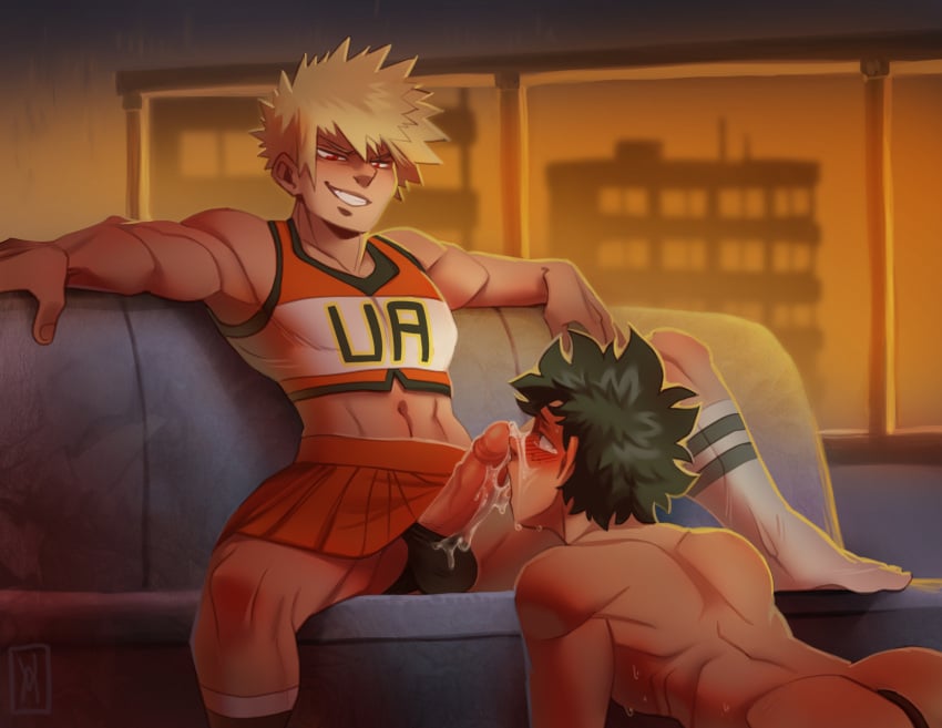 2boys bare_back bare_shoulders blonde_hair cheerleader_outfit cheerleader_uniform clothing couch crossdressing cum ejaculating_cum ejaculation gay genital_fluids genitals green_hair izuku_midoriya katsuki_bakugou legs_apart licking licking_penis male male/male male_cheerleader male_only my_hero_academia oral oral_sex penis sitting skirt socks striped_socks submissive submissive_male thong tongue u.a._cheerleader_outfit wildmage yaoi