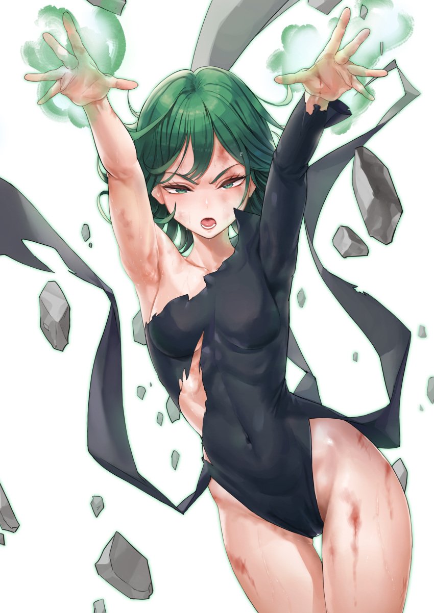 1girls abs angry angry_face armpits arms_above_head arms_raised arms_up aura belly belly_button big_hips blood cameltoe clavicle collarbone cowboy_shot curly_hair curvy dress eyebrows female female_only floating_rock green_eyes green_hair half-closed_eyes hi_res high_resolution highres huge_hips injury looking_at_viewer medium_hair mute_(mute89539160) navel navel_line one-punch_man open_mouth rocks sexy_armpits shiny_skin simple_background skintight small_breasts solo superheroine superpowers sweat sweatdrop sweating sweaty tatsumaki teeth telekinesis thighs tight_clothing tired tongue torn_clothes torn_dress v-shaped_eyebrows very_high_resolution white_background wide_hips wound wounded