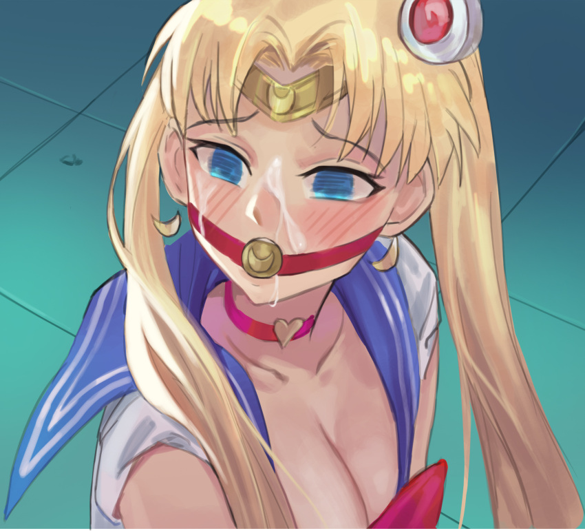 1girls ball_gag bishoujo_senshi_sailor_moon blonde_hair blue_eyes blush breasts choker circlet cleavage clothing collarbone crescent crescent_earrings cum derivative_work earrings eyebrows_visible_through_hair facial female female_only gag heart heart_choker highres jewelry lan_xiezi large_breasts long_hair meme red_choker red_neckwear sailor_moon sailor_moon_redraw_challenge screencap_redraw sleeves_rolled_up solo solo_female teeth tile_floor tiles twintails upper_body upper_teeth usagi_tsukino