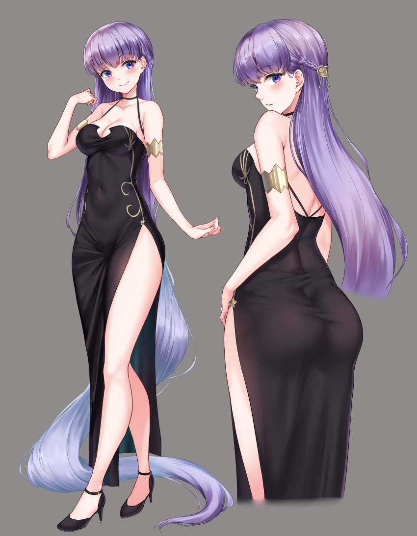 1girls absurdly_long_hair absurdres ass big_ass black_dress black_footwear braid breasts commission covered_navel dress female fire_emblem fire_emblem:_the_binding_blade french_braid grey_background hair_ornament hairclip high_heels highres large_ass long_hair looking_at_viewer looking_back medium_breasts multiple_views nintendo purple_hair rama_(yu-light8) side_slit simple_background smile solo_female sophia_(fire_emblem) tight tight_dress very_long_hair