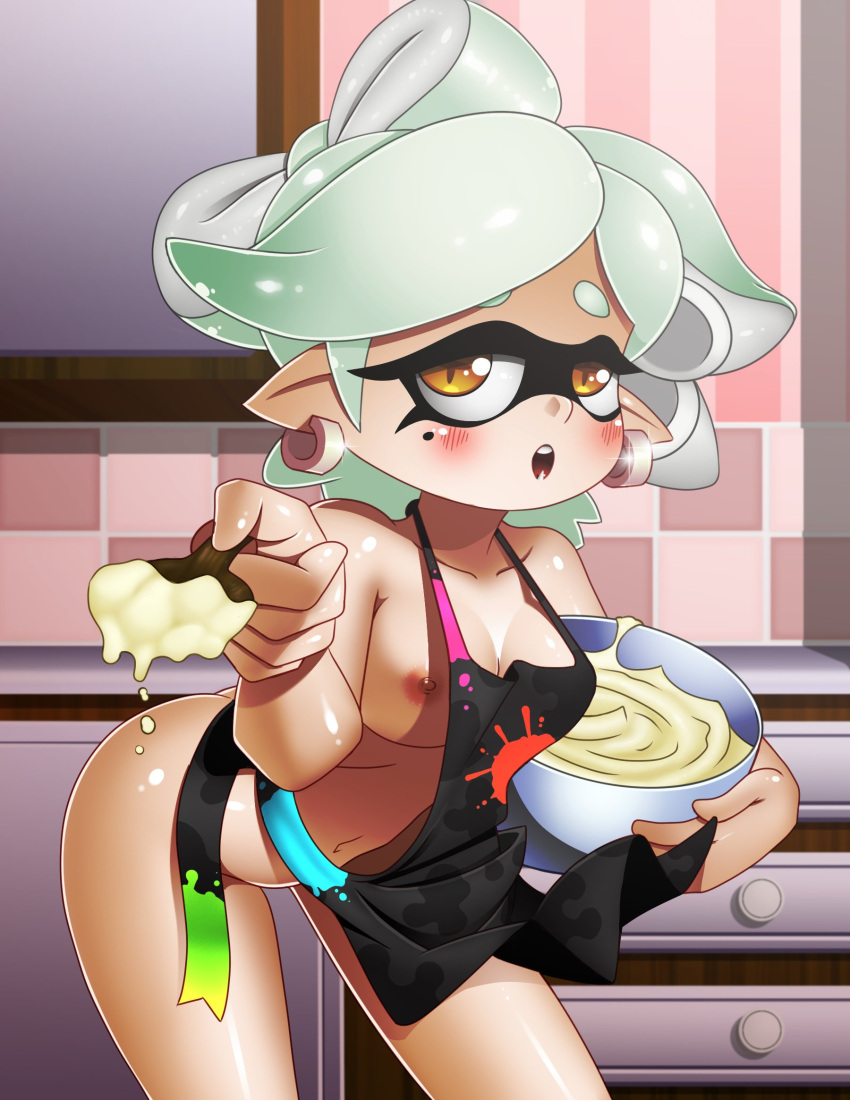 1girls apron apron_only batter black_apron chacrawarrior cooking female_only inkling looking_at_viewer marie_(splatoon) naked_apron nintendo nude nude_female splatoon spoon yellow_eyes