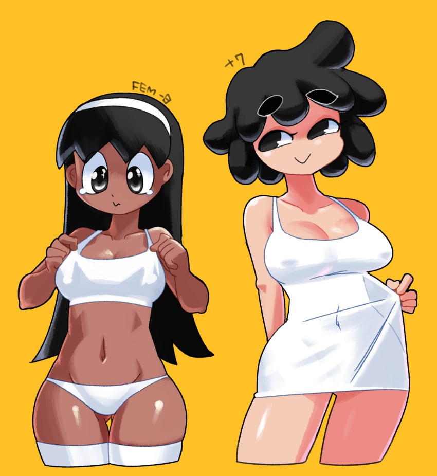 2021 2girls :> absurd_res arm_behind_back ass_visible_through_thighs bare_arms bare_shoulders black_eyes black_hair bra breast_envy breasts character_name cleavage clothing dark-skinned_female dark_skin dress dress_pull eyebrows_visible_through_hair female female_only hairband highres large_breasts long_hair looking_at_breasts looking_at_viewer looking_down matching_hair/eyes medium_breasts minus8 minus8_(character) minus8_(rule63) multiple_girls navel nipple_bulge original panties rule_63 seductive see-through see-through_clothing short_dress short_hair siblings simple_background sisters smile sports_bra standing summer7 tearing_up tears thick_thighs thighhighs thighs underwear white_bra white_dress white_hairband white_panties wide_hips yellow_background zettai_ryouiki