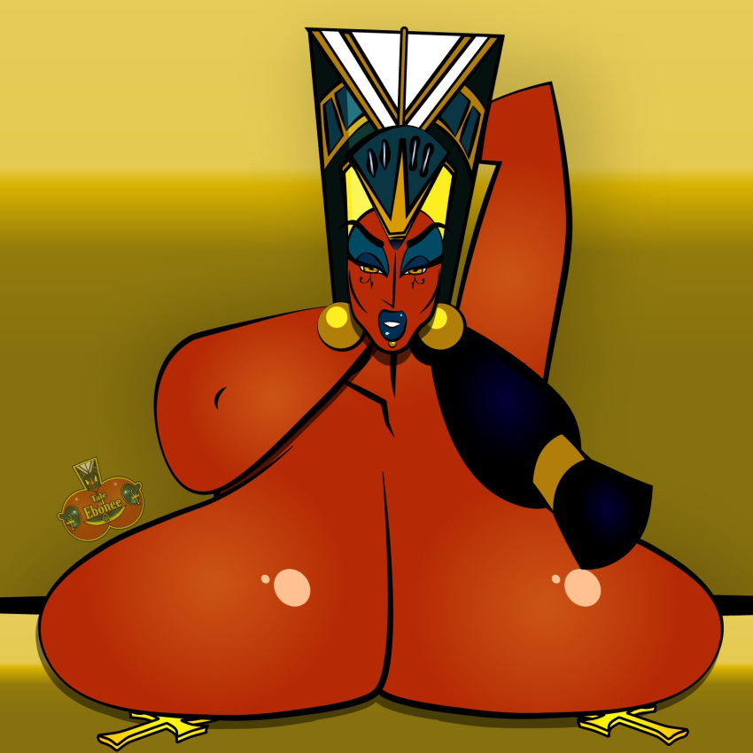 ankh big_breasts bimbo blue_hair blue_lipstick blue_makeup breast_squish breasts_out earrings egypt egyptian egyptian_headdress hands_behind_head headress lips newdity queen_titahatenamun_ebonee tale_of_ebonee tan-skinned_female tan_skin yellow_eyes