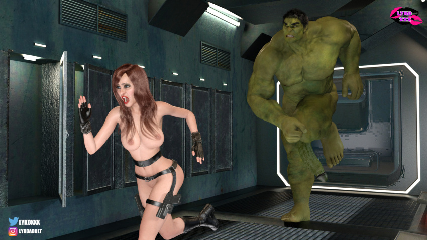 3d 3d_(artwork) 3dbabes 3dhentaihero 3dx avengers bag black_widow_(marvel) female footwear green-skinned_male green_skin handwear hulk hulk_(series) human legwear light-skinned_female light_skin lykoxxx male marvel marvel_comics natasha_romanoff pale_skin red_hair size_difference tactical_nudity