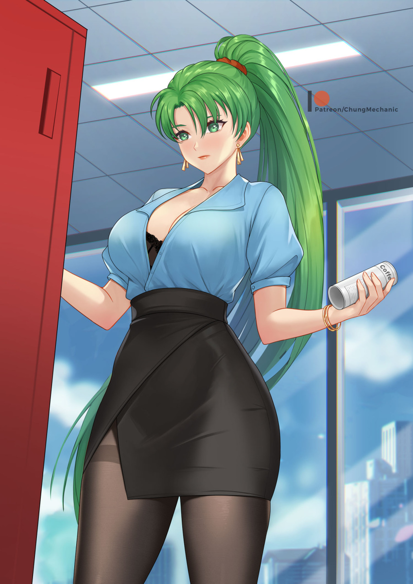 1girls black_bra blue_shirt bra breasts can canned_coffee ceiling chungmechanic cleavage closed_eyes commentary contemporary cowboy_shot day earrings english_commentary female fire_emblem fire_emblem:_the_blazing_blade green_eyes green_hair highres indoors jewelry large_breasts lips long_hair lyn_(fire_emblem) lyndis_(fire_emblem) nintendo office office_lady open_clothes open_shirt pantyhose patreon_username pencil_skirt ponytail shirt skirt solo solo_female thighband_pantyhose tile_ceiling tiles underwear very_long_hair