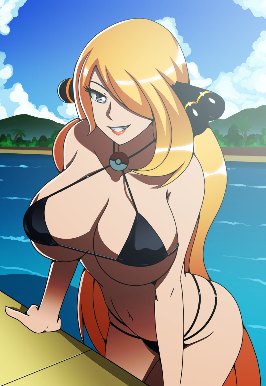 bikini black_bikini blonde blonde_female blonde_hair blonde_hair_female chacrawarrior cynthia_(pokemon) hair_covering_eye looking_at_viewer one_eye_covered pokemon pokemon_champion pool