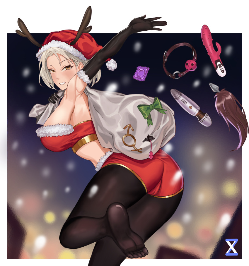 absurdres anal_tail antlers antlers_through_headwear arm_up armpits ball_gag bare_shoulders blonde_hair blurry blurry_background border bow cameltoe christmas condom condom_wrapper dildo fake_tail female fur-trimmed_gloves fur-trimmed_headwear fur_trim gag gloves green_bow hat highres hitachi_magic_wand holding holding_sack lan_xiezi legs no_shoes orange_eyes original outdoors over_shoulder pantyhose parted_lips platinum_blonde_hair red_headwear sack santa_costume santa_hat sex_toy signature smile snow snowing solo tail torn torn_sack vibrator white_border