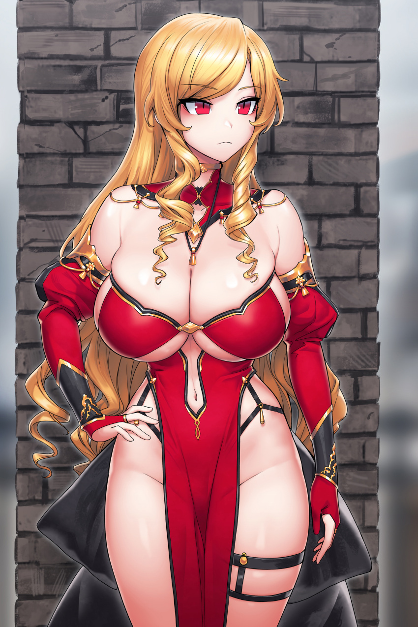 1girls absurdres bangs bare_shoulders blonde_hair blush breasts cain_(gunnermul) choker cleavage closed_mouth detached_collar detached_sleeves dress drill_hair female hand_on_hip highres jewelry large_breasts long_hair navel original pelvic_curtain red_eyes skindentation solo strapless