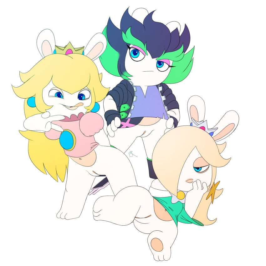 3girls anthro anthro_only blonde_hair blue_eyes boots bottomless brooch crown earrings edge_(mario_+_rabbids) eyeshadow female female_only fingerless_gloves gloves goth hair_over_one_eye half-closed_eyes hips jacket lips long_hair long_sleeves mario_(series) mario_+_rabbids mario_+_rabbids:_sparks_of_hope multiple_girls nintendo no_nose no_pants onahole peace_sign platinum_blonde_hair presenting presenting_pussy princess_peach_(cosplay) princess_rosalina_(cosplay) puffy_short_sleeves pussy rabbid rabbid_peach rabbid_rosalina rabbit rabbit_ears rasenxoru raving_rabbids shirt short_hair shortstack smartphone star_earrings thick_eyebrows tongue tongue_out transparent_background trio two_tone_hair ubisoft vagina white_background