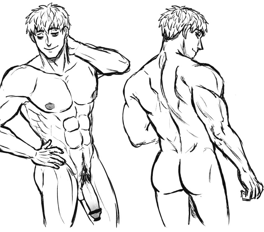 1boy abs ass back_view balls ballsack bar_censor bara flaccid_penis human keiji_shinogi kimi_ga_shine male male_nipples male_only male_pubic_hair manly monochrome muscles muscular_male no_color nude_male pecs penis purblez scrotum sketch smooth_skinned_male solo testicles veiny_penis your_turn_to_die yttd