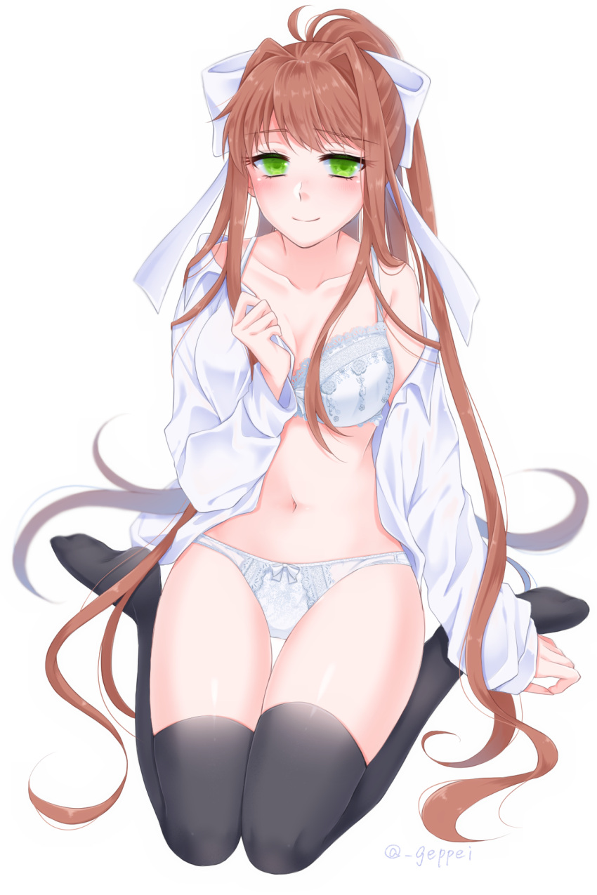 1girls blush bow bra brown_hair doki_doki_literature_club eye_contact female geppei green_eyes hair_ribbon hairbow long_hair looking_at_viewer monika_(doki_doki_literature_club) on_knees open_shirt panties ponytail ribbon school_uniform solo stockings thick_thighs thighhighs thighs white_bra white_panties white_ribbon