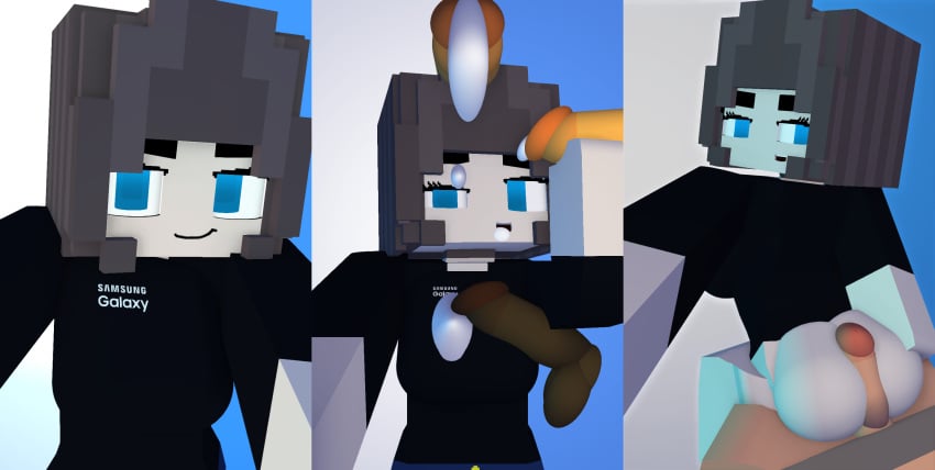 3d blue_eyes brown_hair buttjob character commission cum cum_drip cum_on_breasts cum_on_face female female_only gray_hair hot_dogging mine-imator minecraft pearickmc samsung samsung_sam selfie tagme