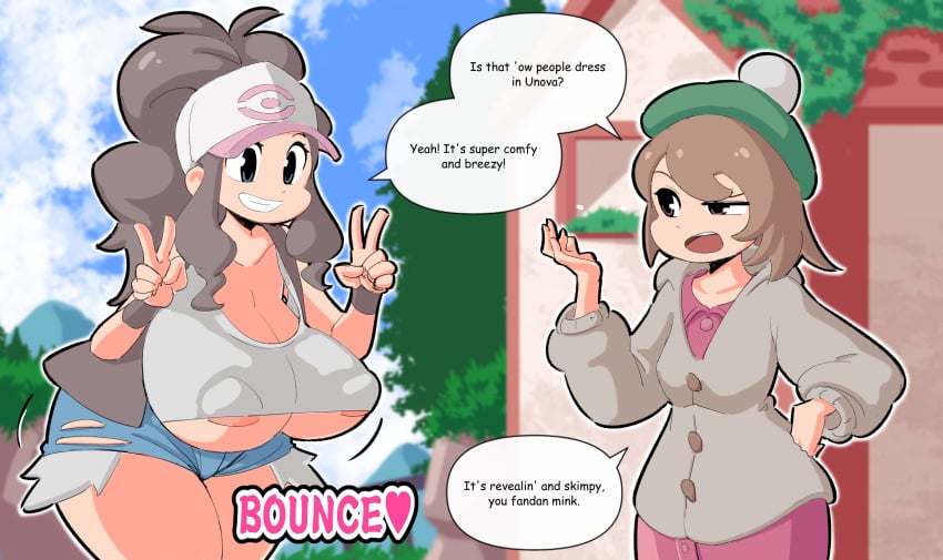 2girls accent areolae big_breasts breasts brown_hair dialogue female gloria_(pokemon) hilda_(pokemon) huge_breasts human long_hair meme nintendo peace_sign pokemon pokemon_bw pokemon_ss revealing_clothes scottish short_hair speech_bubble standing text thick_thighs underboob voluptuous wide_hips woohyoot