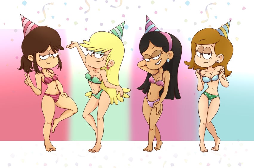 4girls alternate_version_available bikini birthday_hat black_hair blonde_hair blue_eyeshadow bra breasts brown_hair cleavage confetti drawsoyeah earrings feet female female_only fiona_(the_loud_house) full_body green_bikini green_underwear jackee_(the_loud_house) leni_loud long_hair mandee_(the_loud_house) medium_breasts mole_under_eye multiple_girls nickelodeon panties pink_bikini pink_underwear standing standing_on_one_leg strapless_bikini suggestive_look suggestive_smile the_loud_house thigh_gap thighs underwear underwear_only undressing v