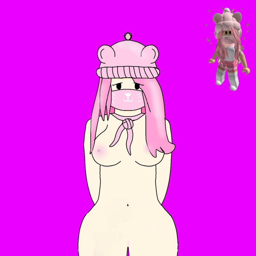 1girls areolae arms_behind_back beanie bear_face_mask belly_button black_eyes breasts drawn face_mask female female_only hat long_hair looking_at_viewer medium_breasts nipples nude nude_female pale-skinned_female pale_skin pink_hair pink_hat plain_background pussy reference_image roblox roblox_avatar robloxian simple_background solo solo_female standing stomach