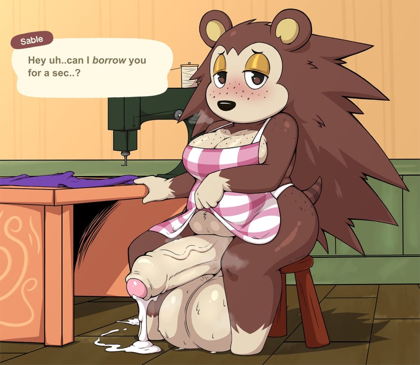 1futa animal_crossing animal_crossing_new_horizons apron apron_lift balls balls_on_ground big_breasts big_penis blush breasts brown_eyes brown_fur brown_hair checkered checkered_apron checkered_topwear chubby cleavage cum cum_on_floor denzeltip english_text erection foreskin furry futa_only futanari hedgehog huge_balls huge_cock looking_at_viewer nintendo oversized_balls partially_retracted_foreskin penis sable_able solo solo_futa tail text text_bubble thick_thighs thighs uncut veiny_penis