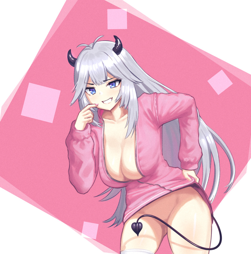 1girls ahoge blue_eyes bottomless breasts cleavage convenient_censoring demon_girl female hexunart hoodie horns large_breasts long_hair nail_polish naked_hoodie pink_nails silver_hair smile smug solo succubus tail thighhighs veibae very_long_hair virtual_youtuber vshojo white_legwear