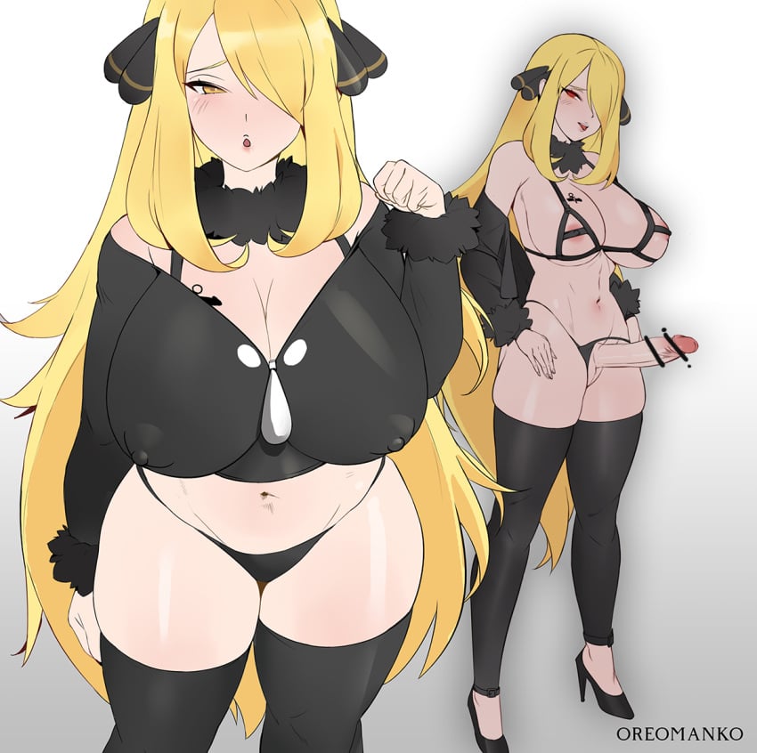 1futa 1girls alternate_breast_size big_breasts big_penis blonde blonde_female blonde_hair blonde_hair_female blush breasts censor_bar censored clothed clothing cynthia_(pokemon) female futanari hair_ornament huge_breasts huge_cock human intersex light-skinned_female light-skinned_futa light-skinned_futanari light_skin micro_bikini mostly_nude nintendo oreomanko pale_skin partially_clothed penis pokemon pokemon_champion pokemon_dppt solo standing thighhighs wide_hips yellow_eyes